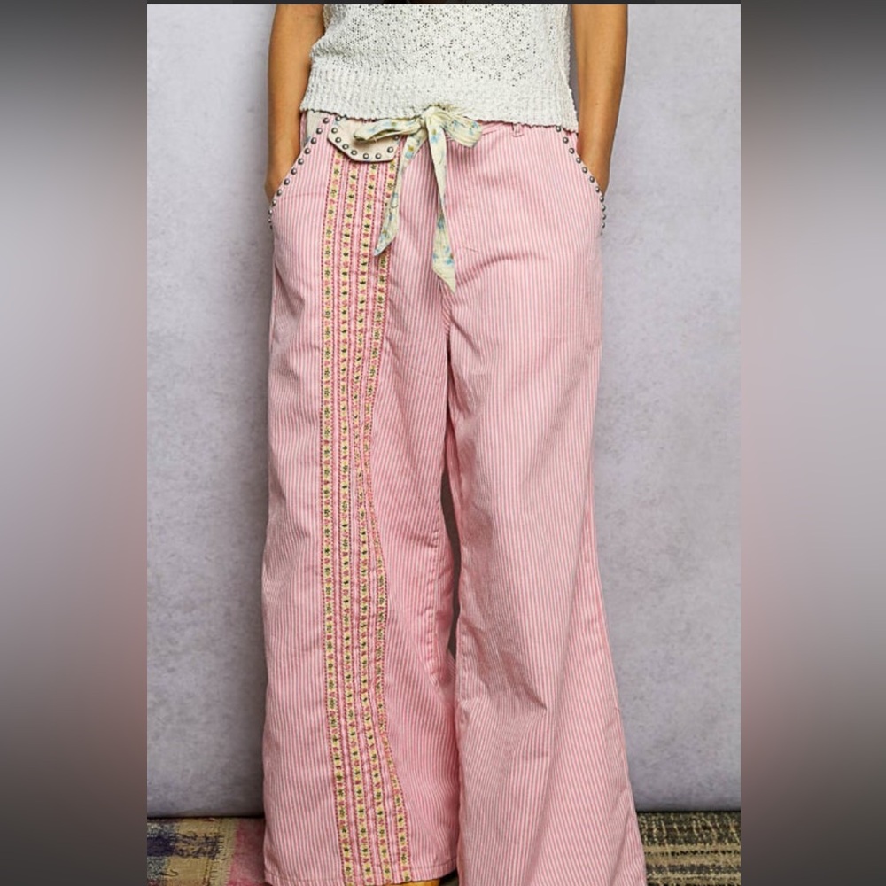 Pol Pink Striped Wide-Leg Pants with Decorative Side Trim